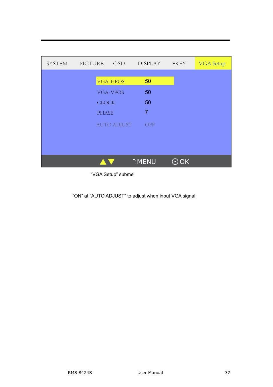 Vga setup submenu, Menu operation | RGBLink RMS 8424S User Manual User Manual | Page 37 / 49