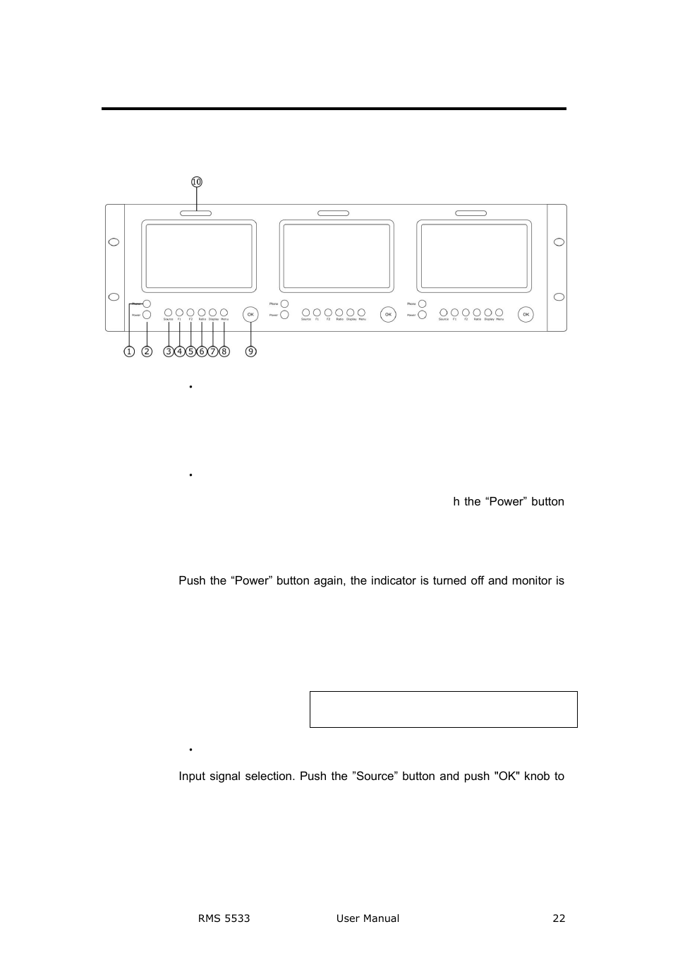 Rms 5533 front panel, 1．phone, 2．power | 3．source, Panel instruction | RGBLink RMS 5533 User Manual | Page 22 / 50