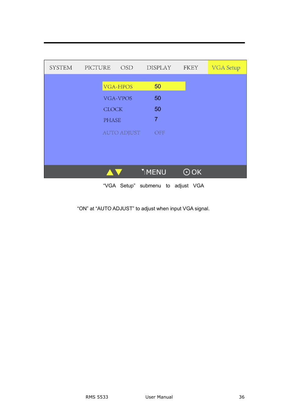 Vga setup submenu, Menu operation | RGBLink RMS 5533 User Manual | Page 36 / 50