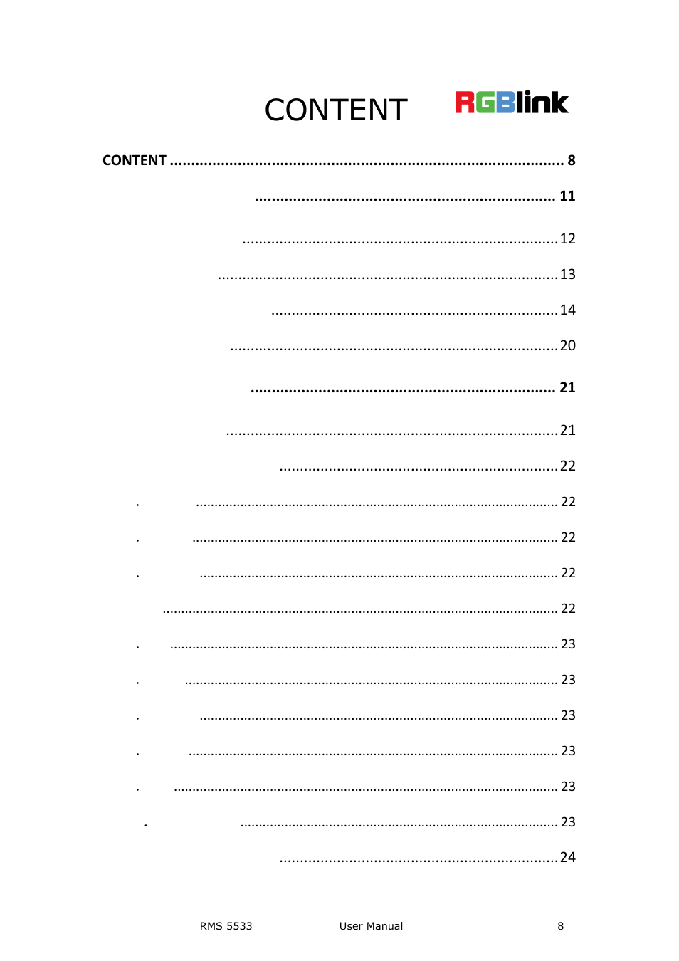 Content | RGBLink RMS 5533 User Manual | Page 8 / 50