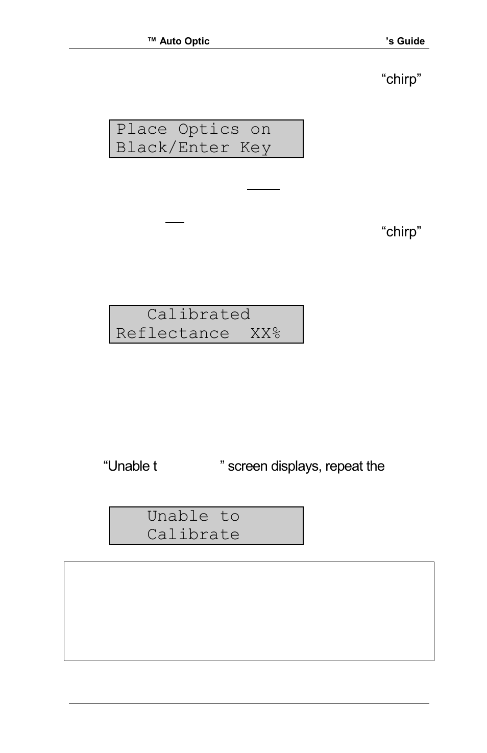 Place optics on black/enter key, Calibrated reflectance xx, Unable to calibrate | RJS Inspector D4000 Auto Optic (FIRMWARE version A.06 and Later) User Manual | Page 20 / 84