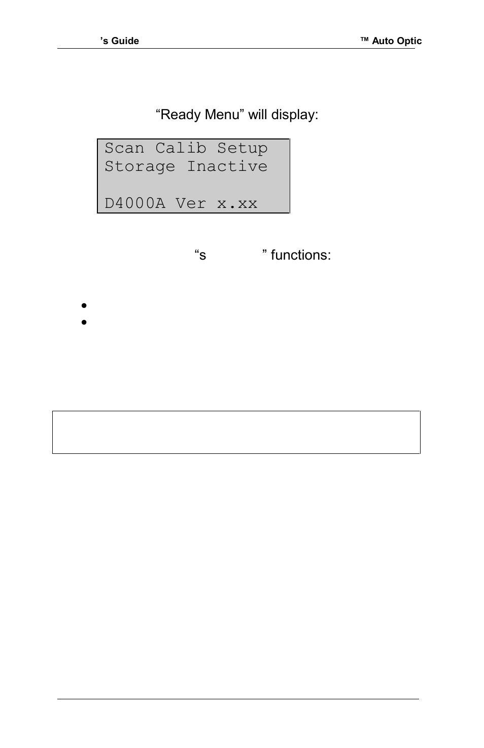 Scan calib setup storage inactive d4000a ver x.xx | RJS Inspector D4000 Auto Optic (FIRMWARE version A.06 and Later) User Manual | Page 21 / 84