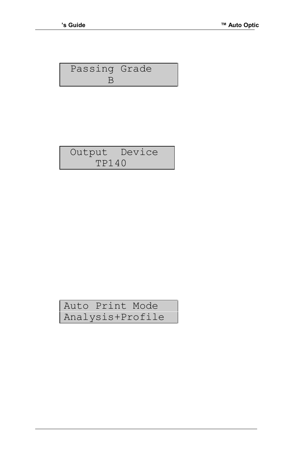 Passing grade b, Output device tp140, Auto print mode analysis+profile | RJS Inspector D4000 Auto Optic (FIRMWARE version A.06 and Later) User Manual | Page 23 / 84