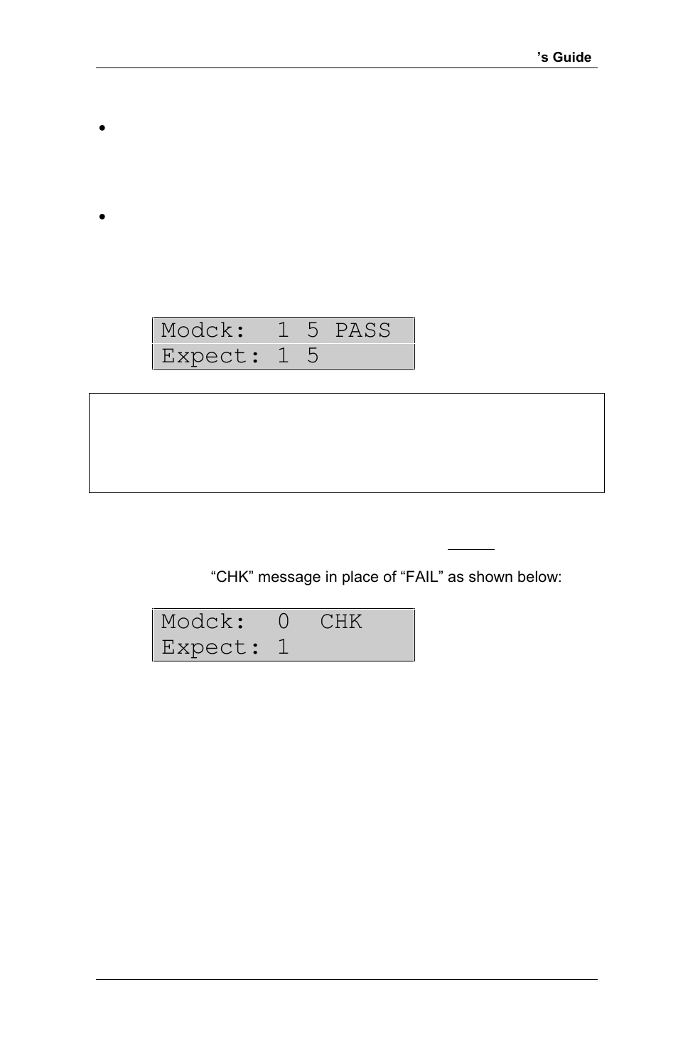 Modck: 1 5 pass expect: 1 5, Modck: 0 chk expect: 1 | RJS Inspector D4000 Auto Optic (FIRMWARE version A.06 and Later) User Manual | Page 44 / 84