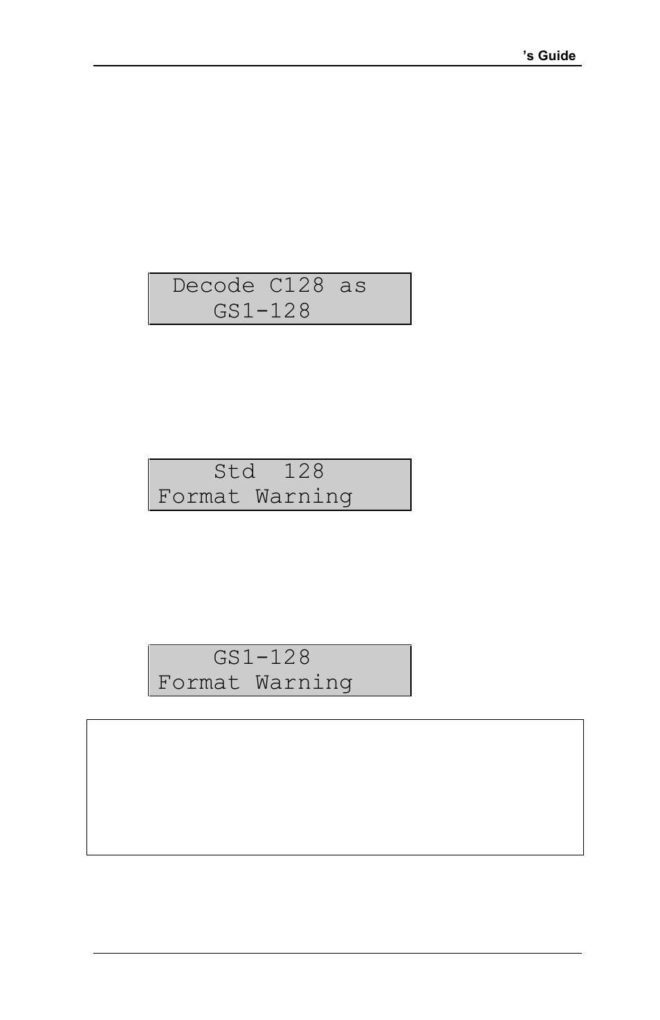 Std 128 format warning, Gs1-128 format warning | RJS Inspector D4000 Auto Optic (FIRMWARE version A.06 and Later) User Manual | Page 60 / 84