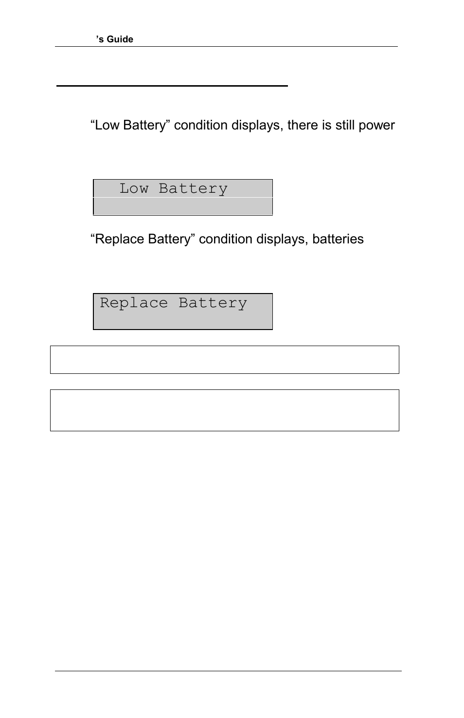 Appendix j (battery displays), Low battery, Replace battery | RJS Inspector D4000 Auto Optic (FIRMWARE version A.06 and Later) User Manual | Page 67 / 84