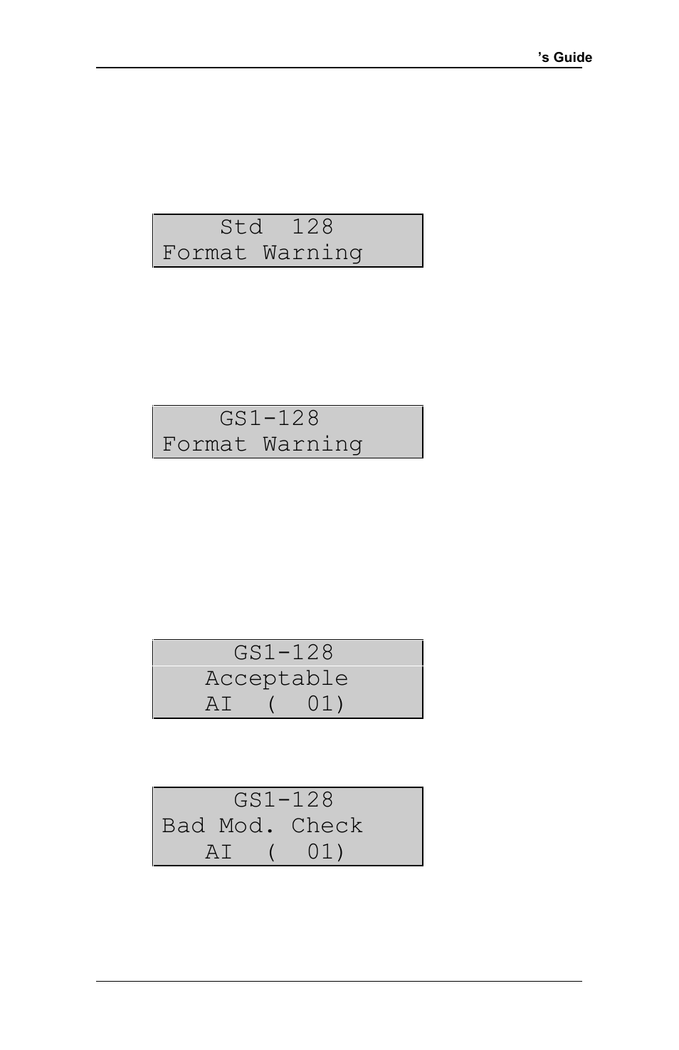 Std 128 format warning, Gs1-128 format warning | RJS Inspector D4000 SP (FIRMWARE version A.06 and Later) User Manual | Page 54 / 77