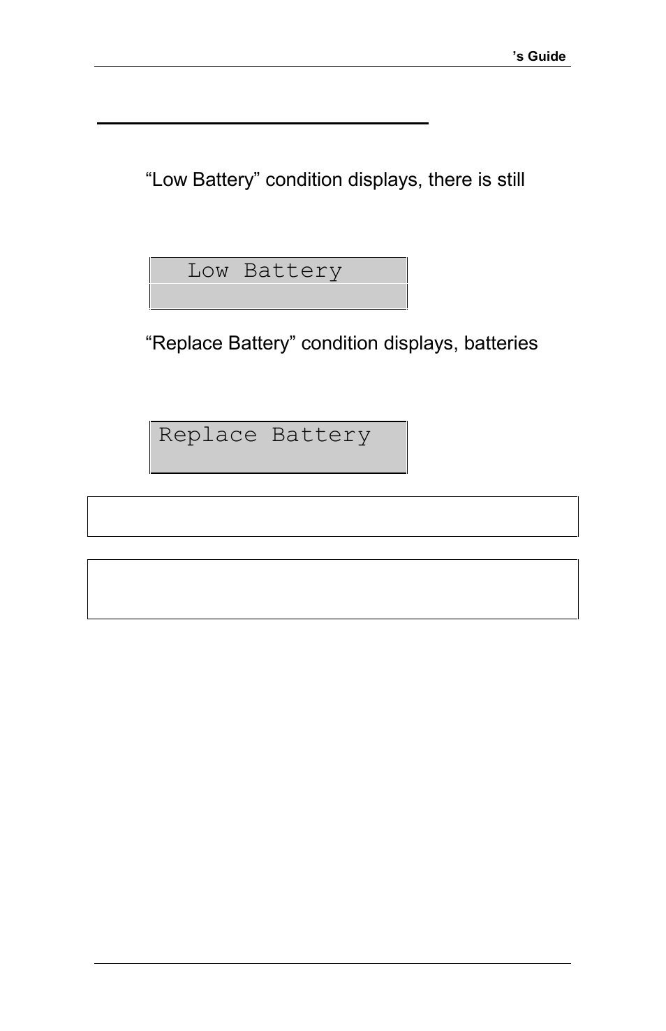 Appendix j (battery displays), Low battery, Replace battery | RJS Inspector D4000 SP (FIRMWARE version A.06 and Later) User Manual | Page 60 / 77