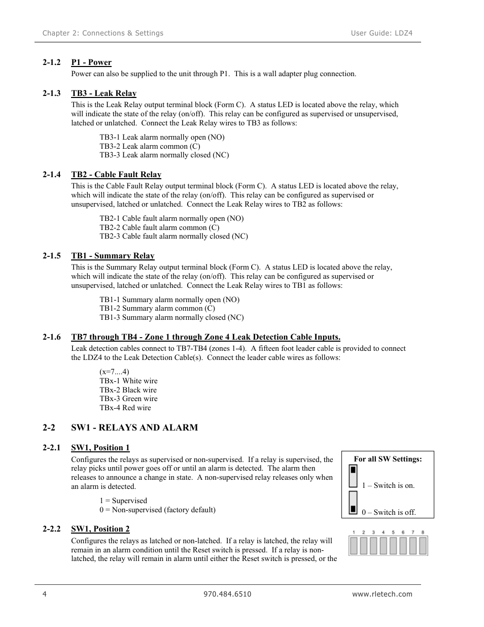 P1 - power, Tb3 - leak relay, Tb2 - cable fault relay | Tb1 - summary relay, Sw1 - relays and alarm, Sw1, position 1, Sw1, position 2 | RLE LDZ4 User Manual | Page 10 / 19