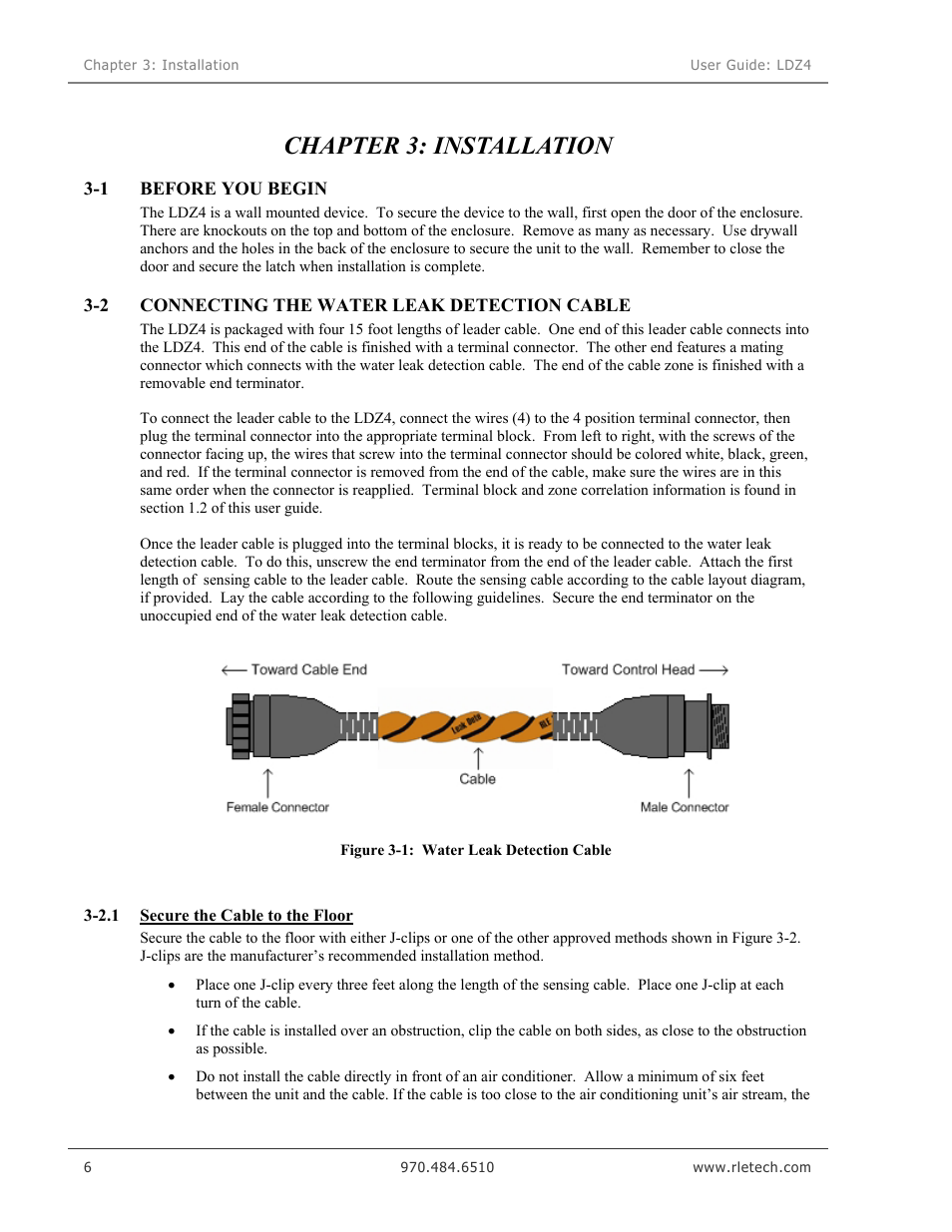 Installation, Before you begin, Connecting the water leak detection cable | Secure the cable to the floor, Chapter 3: installation, Figure 3-1: water leak detection cable | RLE LDZ4 User Manual | Page 12 / 19