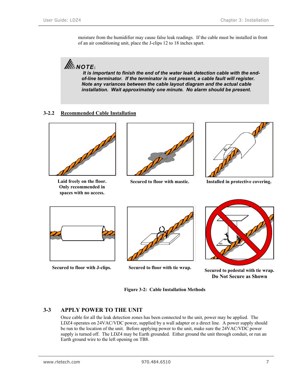 Recommended cable installation, Apply power to the unit, Figure 3-2: cable installation methods | RLE LDZ4 User Manual | Page 13 / 19