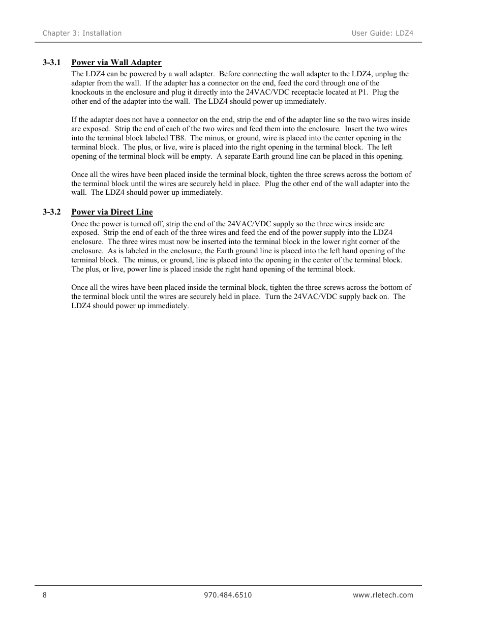 Power via wall adapter, Power via direct line | RLE LDZ4 User Manual | Page 14 / 19