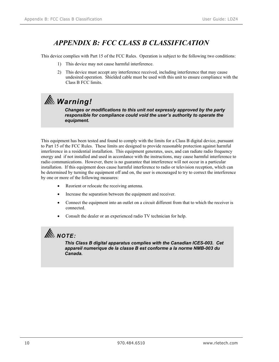 Appendix b: fcc class b classification, Warning | RLE LDZ4 User Manual | Page 16 / 19