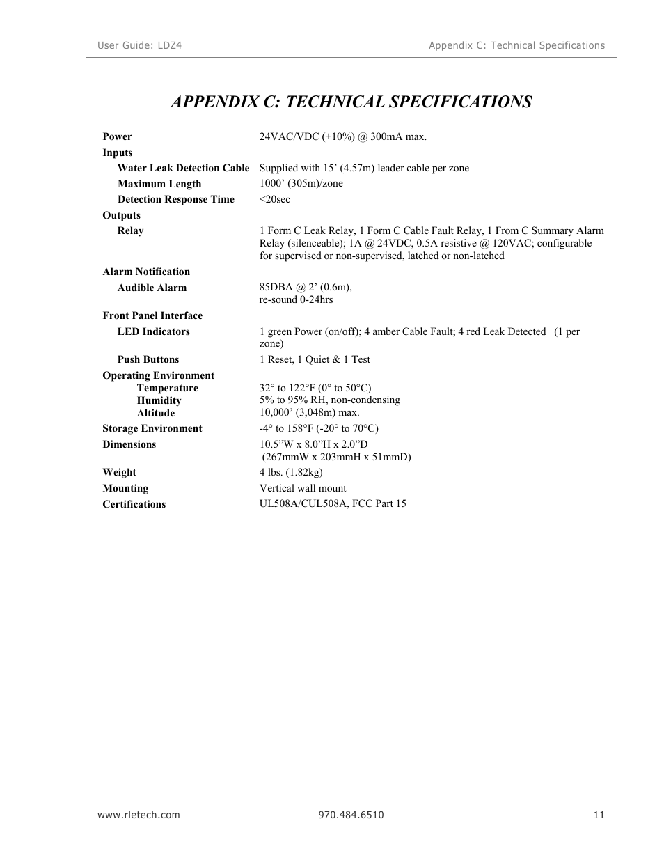 Appendix c: technical specifications | RLE LDZ4 User Manual | Page 17 / 19