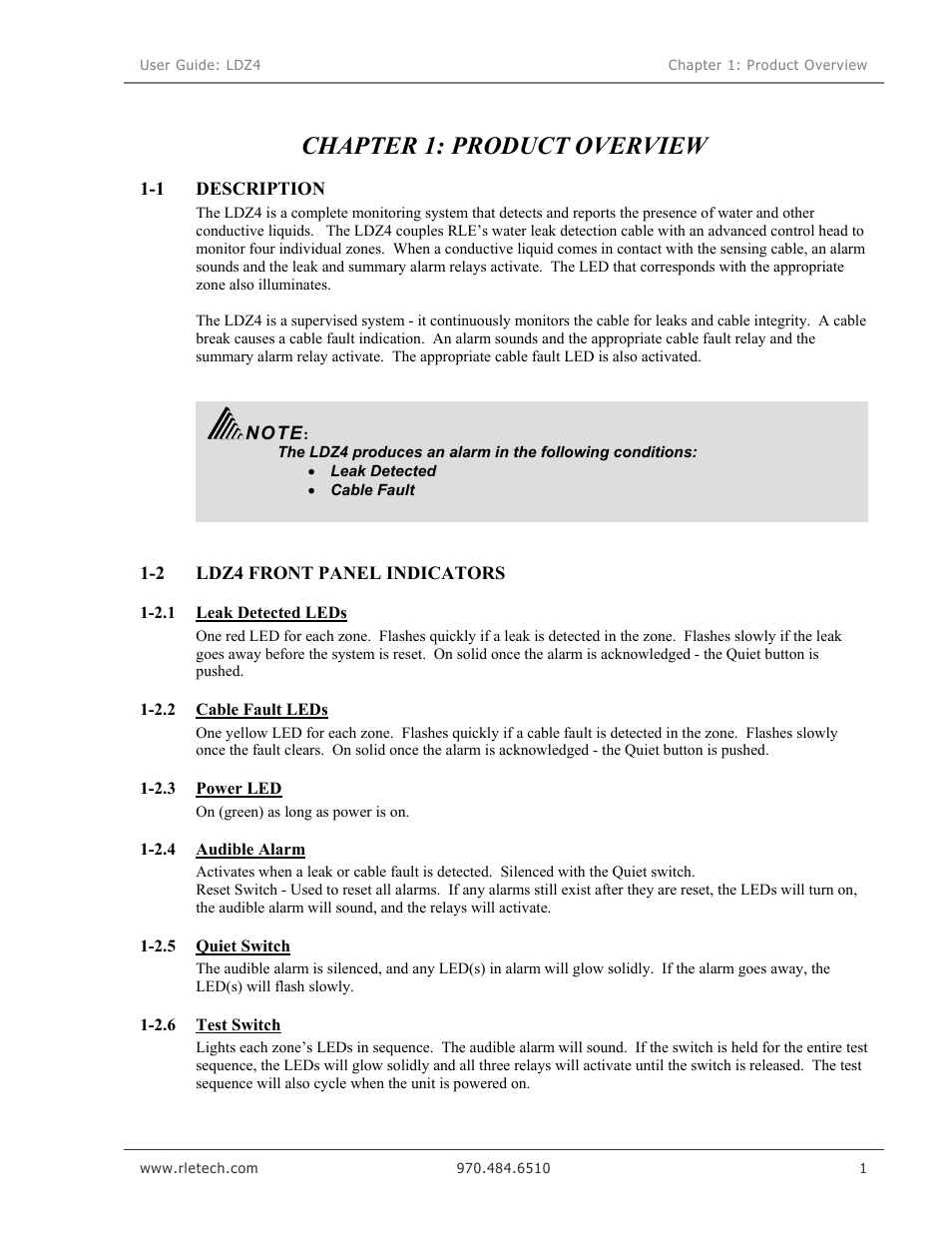 Product overview, Description, Ldz4 front panel indicators | Leak detected leds, Cable fault leds, Power led, Audible alarm, Quiet switch, Test switch, Chapter 1: product overview | RLE LDZ4 User Manual | Page 7 / 19