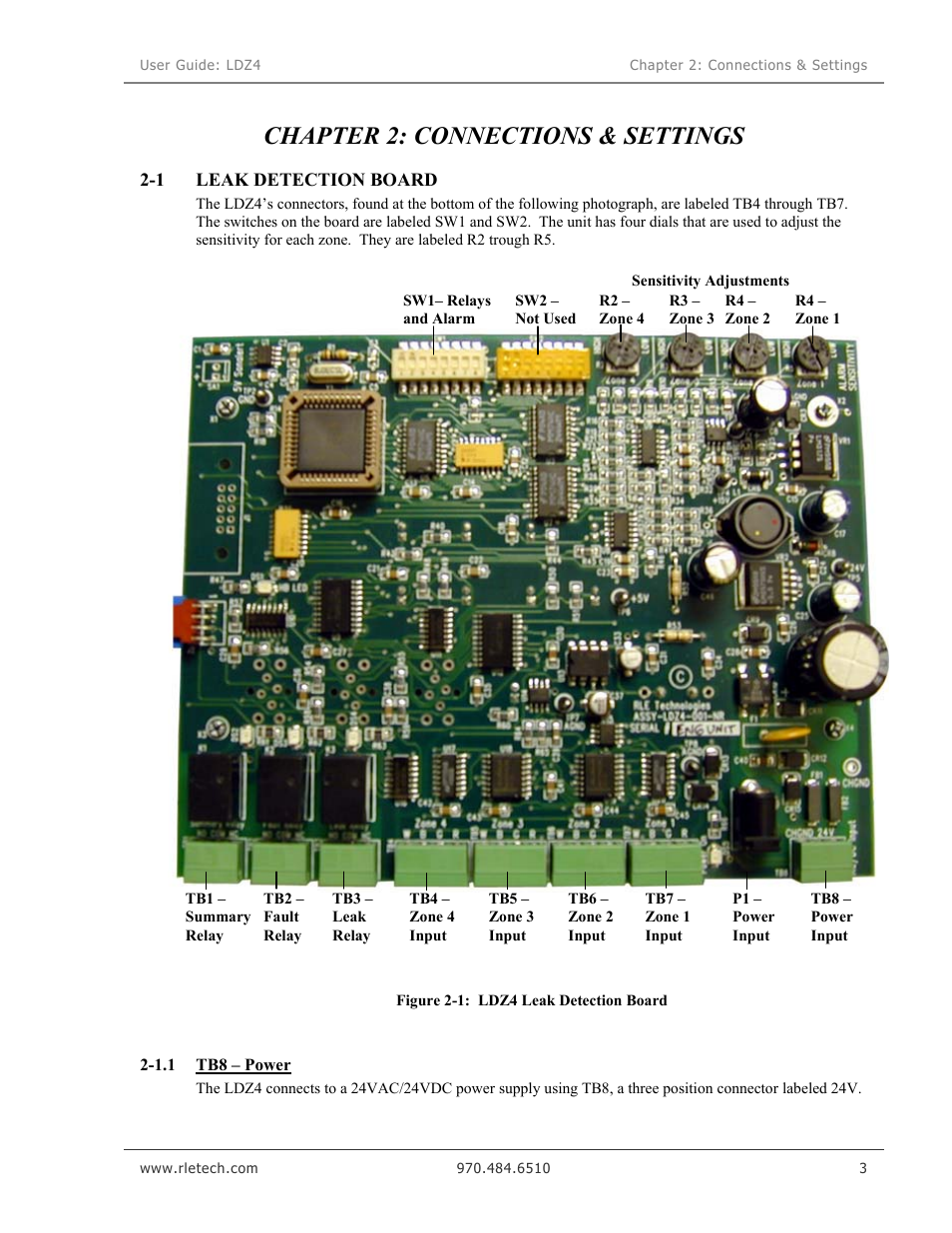 Connections & settings, Leak detection board, Tb8 – power | Chapter 2: connections & settings, Figure 2-1: ldz4 leak detection board | RLE LDZ4 User Manual | Page 9 / 19