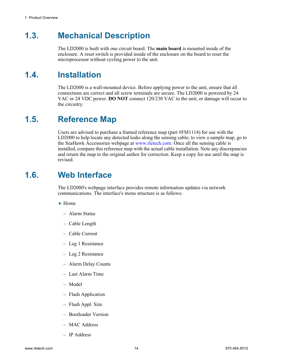 Mechanical description, Installation, Reference map | Web interface | RLE LD2000 User Manual | Page 14 / 78