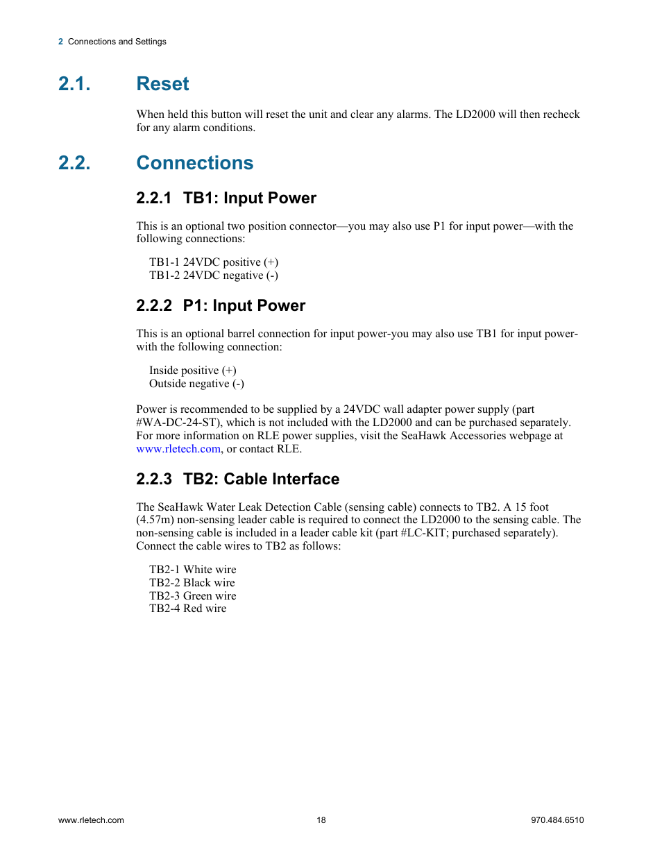 Reset, Connections, 1 tb1: input power | 2 p1: input power, 3 tb2: cable interface, Reset connections | RLE LD2000 User Manual | Page 18 / 78