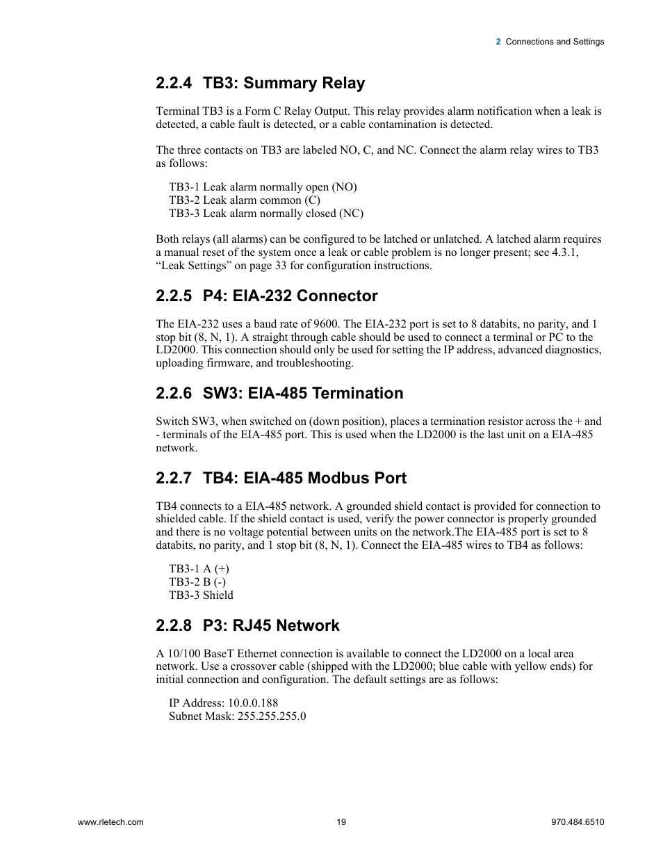 4 tb3: summary relay, 5 p4: eia-232 connector, 6 sw3: eia-485 termination | 7 tb4: eia-485 modbus port, 8 p3: rj45 network | RLE LD2000 User Manual | Page 19 / 78