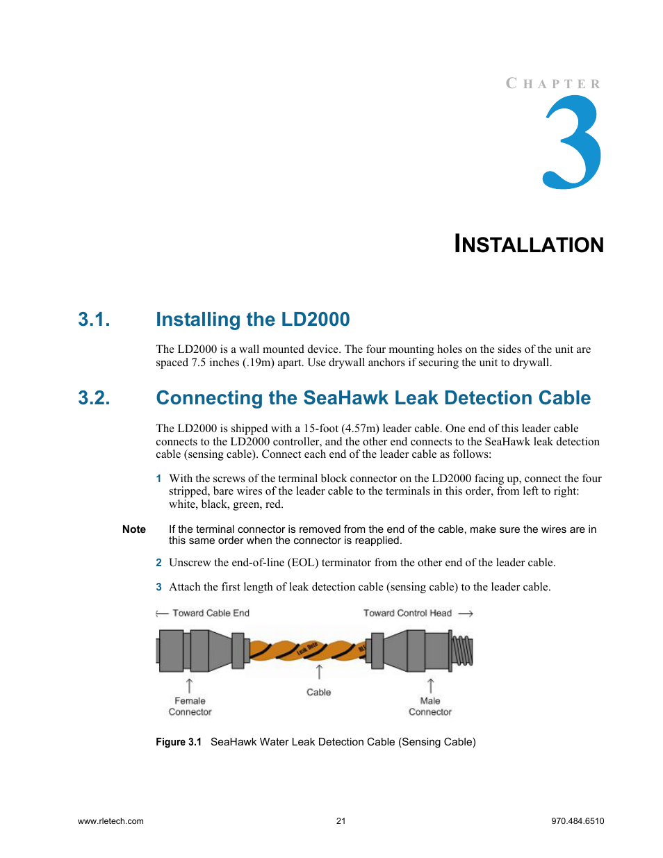 Installation, Installing the ld2000, Connecting the seahawk leak detection cable | Nstallation | RLE LD2000 User Manual | Page 21 / 78
