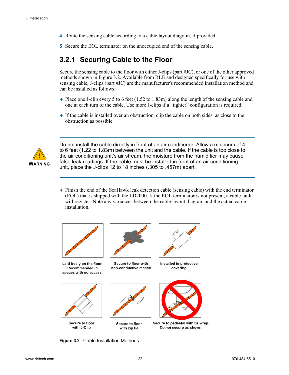 1 securing cable to the floor, Securing cable to the floor, Figure 3.2 cable installation methods | RLE LD2000 User Manual | Page 22 / 78