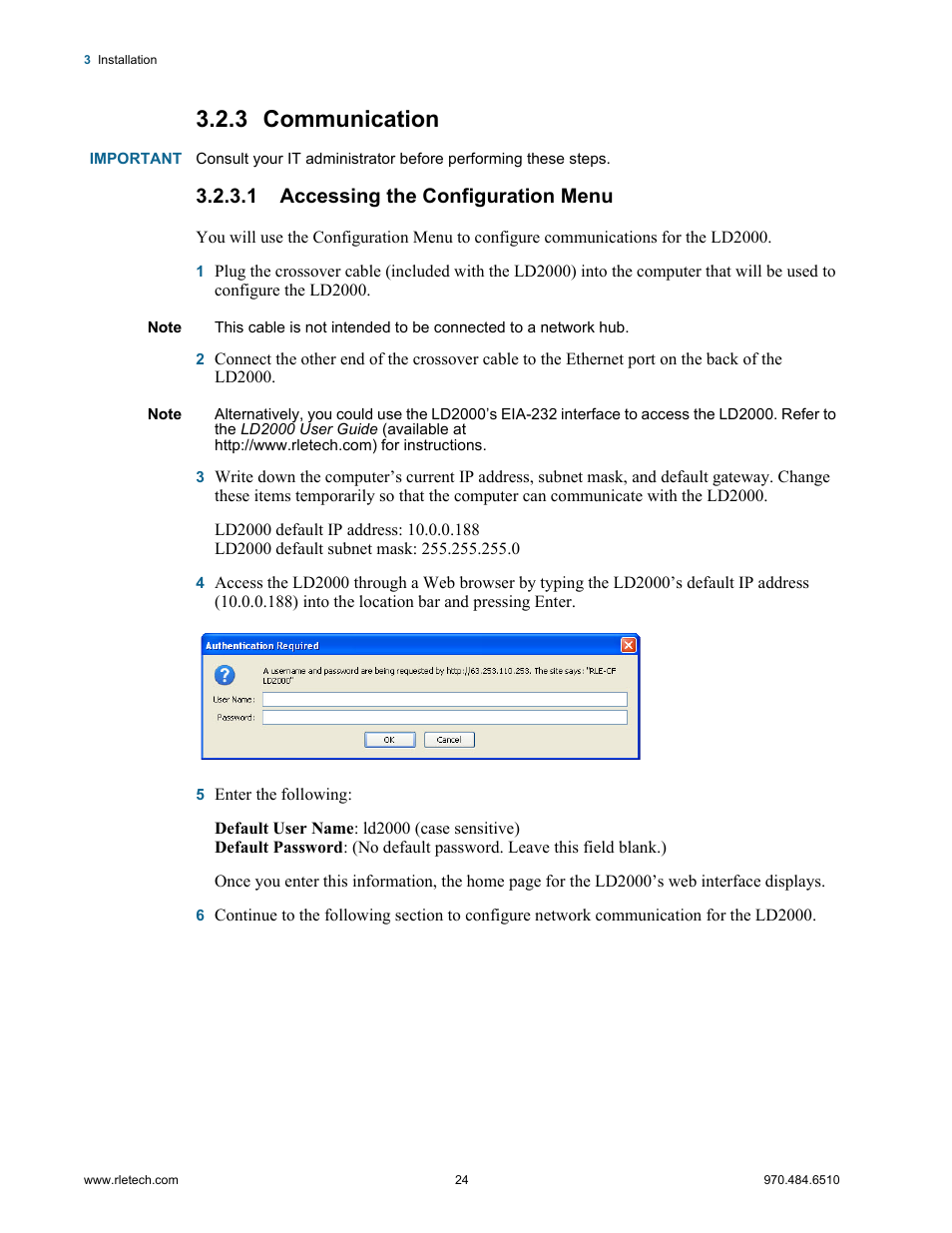 3 communication, 1 accessing the configuration menu, Communication | Accessing the configuration menu | RLE LD2000 User Manual | Page 24 / 78