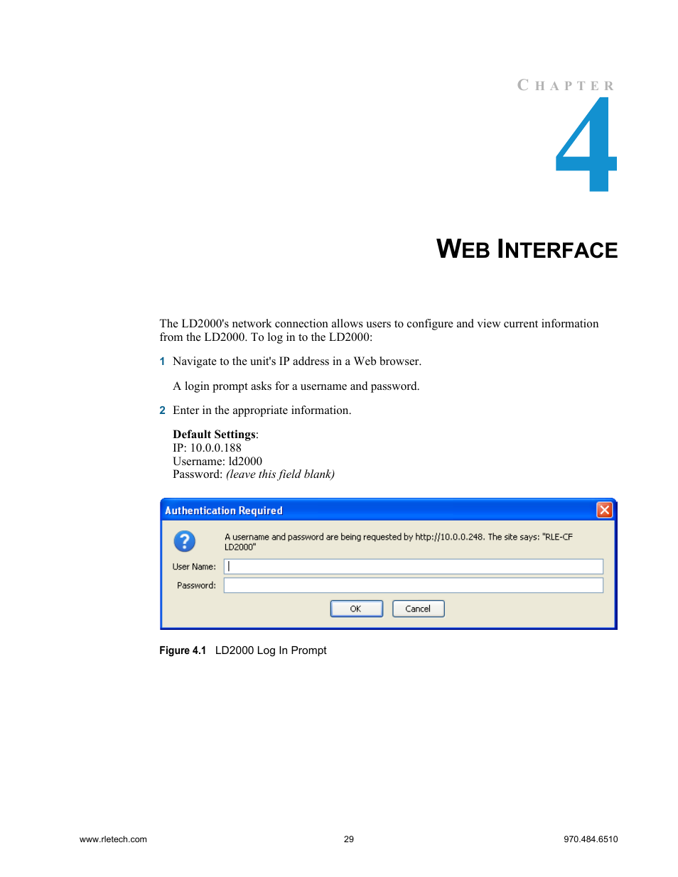 Web interface, Figure 4.1 ld2000 log in prompt, Nterface | RLE LD2000 User Manual | Page 29 / 78
