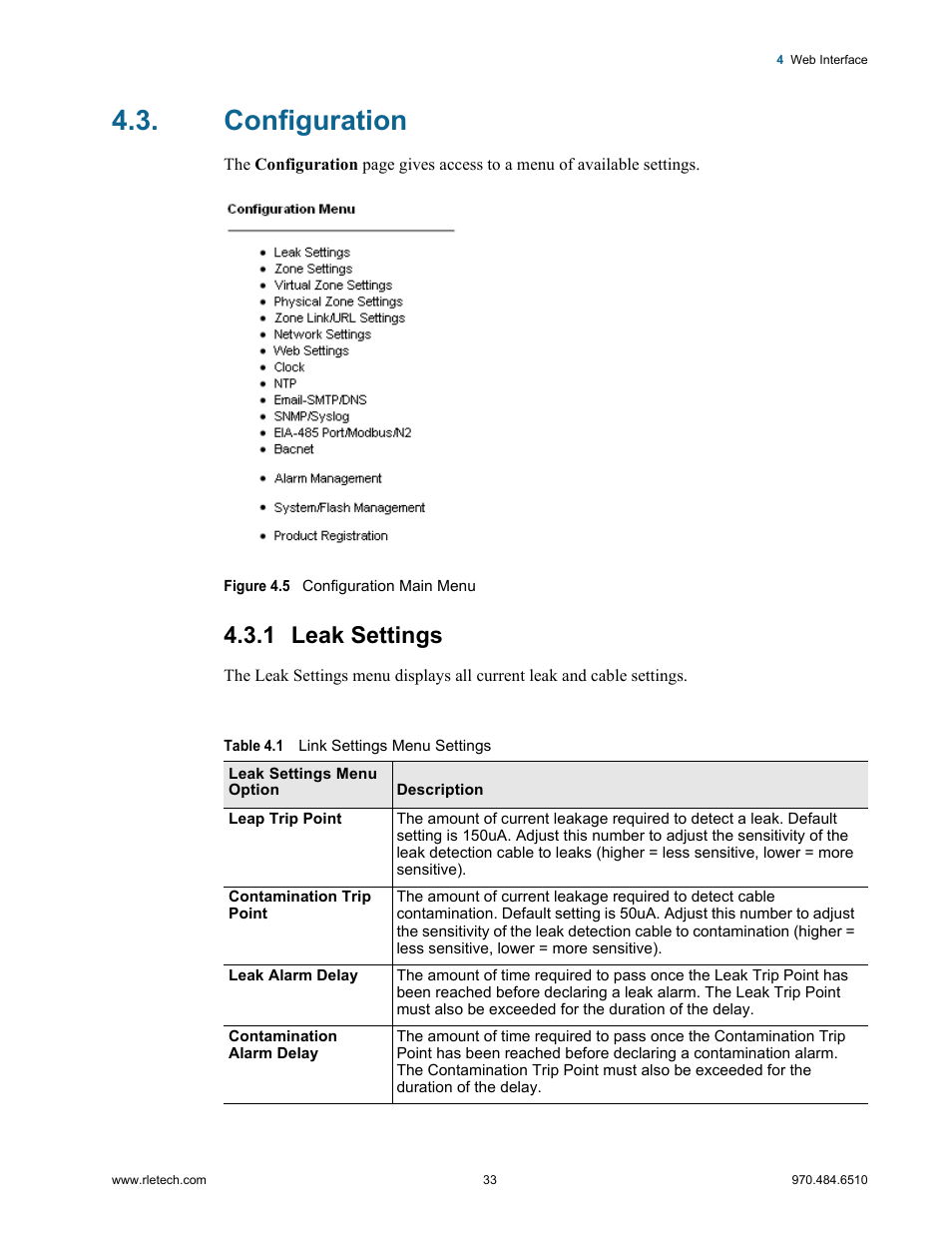 Configuration, 1 leak settings, Leak settings | Figure 4.5 configuration main menu, Table 4.1, Link settings menu settings | RLE LD2000 User Manual | Page 33 / 78