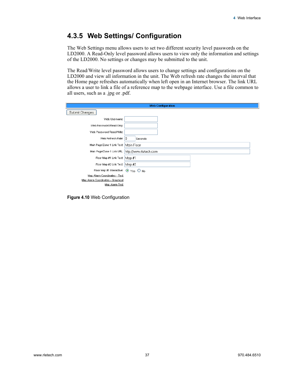 5 web settings/ configuration, Web settings/ configuration, Figure 4.10 web configuration | RLE LD2000 User Manual | Page 37 / 78