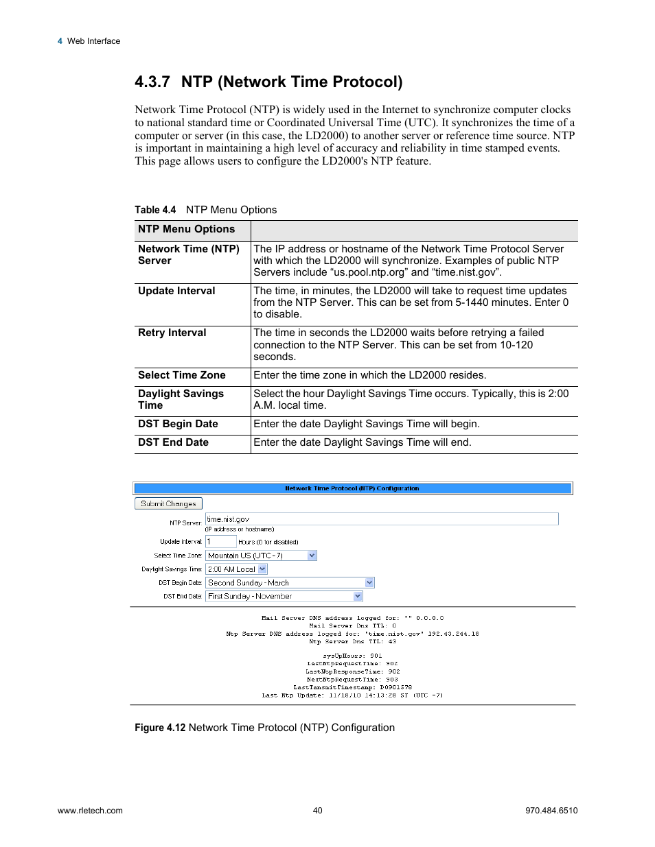 7 ntp (network time protocol), Ntp (network time protocol), Table 4.4 | Ntp menu options | RLE LD2000 User Manual | Page 40 / 78