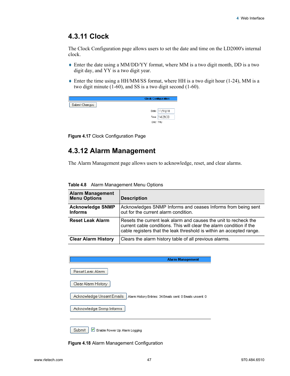 11 clock, 12 alarm management, Clock alarm management | Table 4.8, Alarm management menu options | RLE LD2000 User Manual | Page 47 / 78