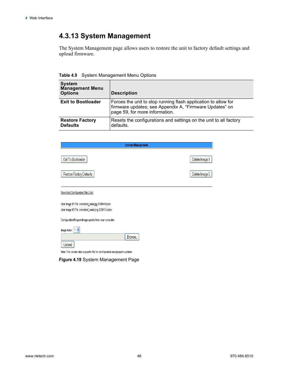 13 system management, System management, Table 4.9 | System management menu options | RLE LD2000 User Manual | Page 48 / 78