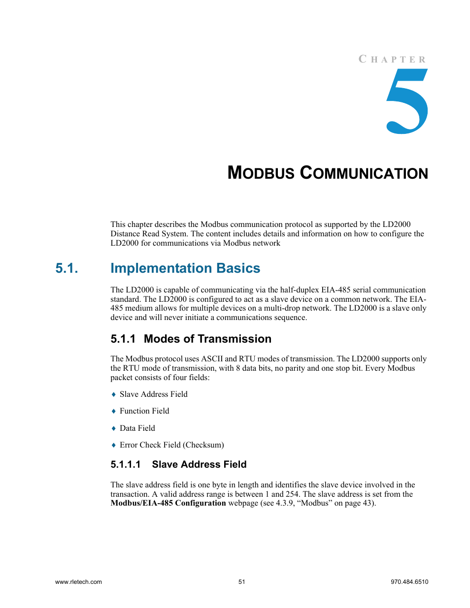 Modbus communication, Implementation basics, 1 modes of transmission | 1 slave address field, Modes of transmission, Slave address field, Odbus, Ommunication | RLE LD2000 User Manual | Page 51 / 78