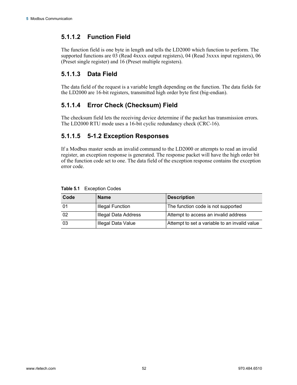 2 function field, 3 data field, 4 error check (checksum) field | 5 5-1.2 exception responses, Table 5.1, Exception codes | RLE LD2000 User Manual | Page 52 / 78