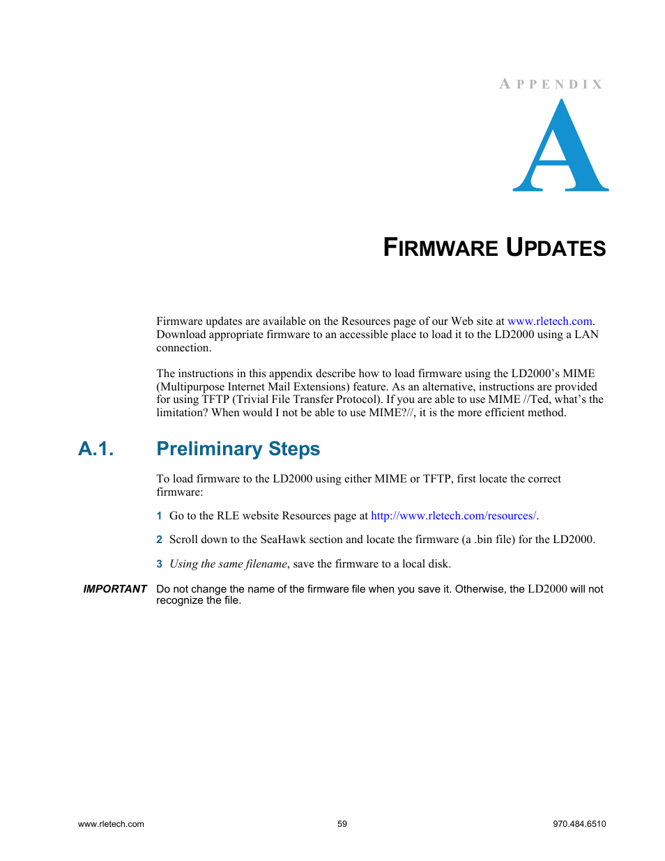 Firmware updates, A.1. preliminary steps, Preliminary steps | Irmware, Pdates | RLE LD2000 User Manual | Page 59 / 78