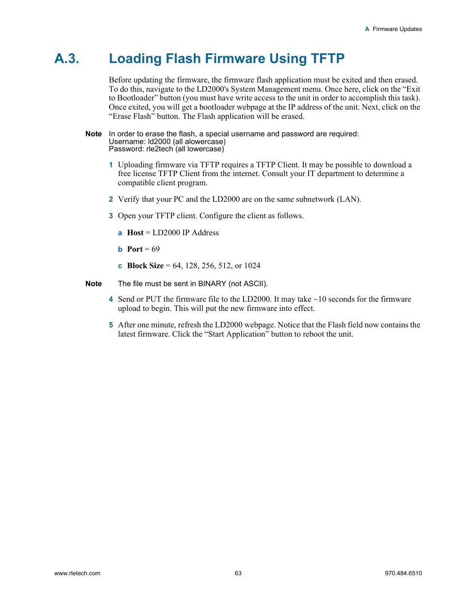 A.3. loading flash firmware using tftp, Loading flash firmware using tftp | RLE LD2000 User Manual | Page 63 / 78