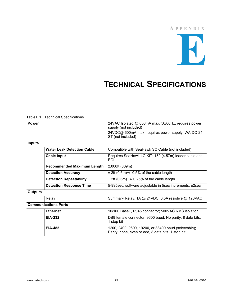 Technical specifications, Table e.1, Echnical | Pecifications | RLE LD2000 User Manual | Page 75 / 78