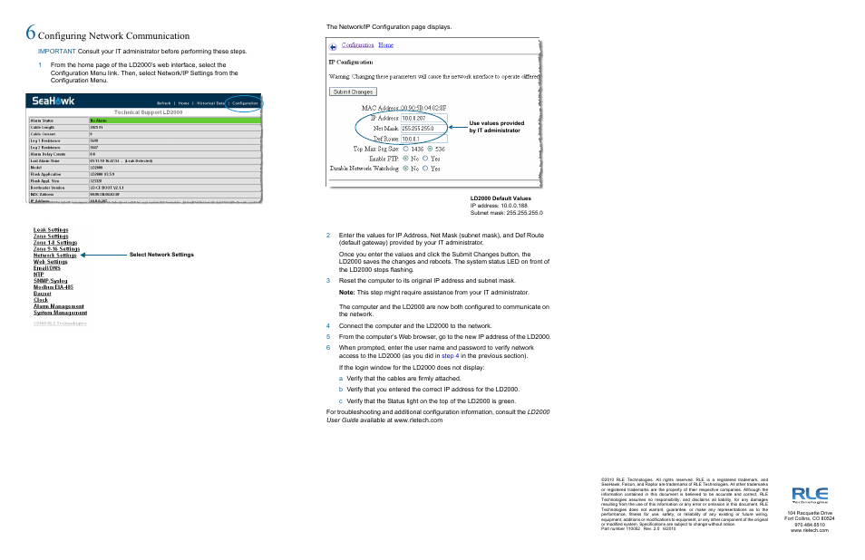 Configuring network communication | RLE LD2000 Quick Start User Manual | Page 2 / 2