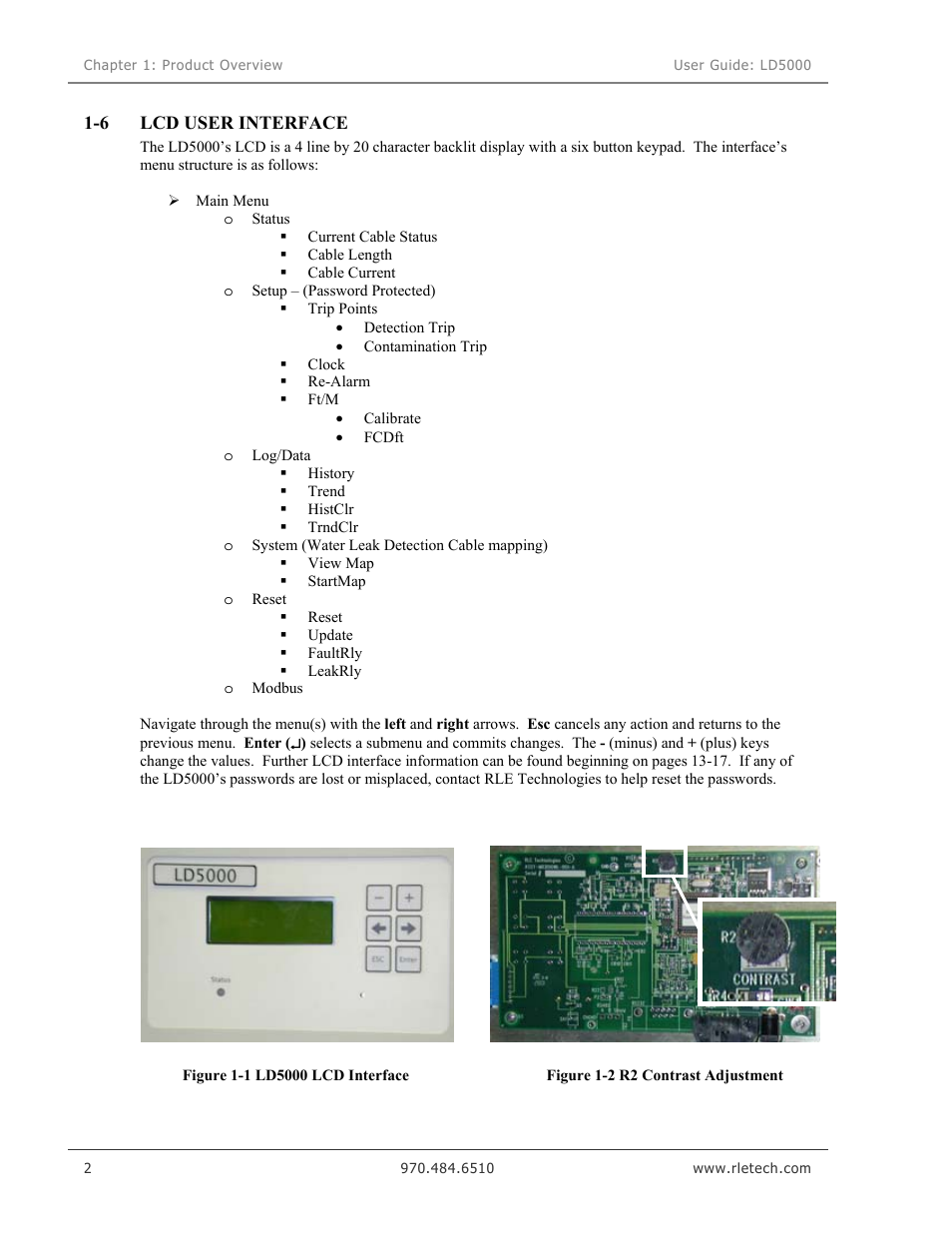 Lcd user interface, Figure 1-1 ld5000 lcd interface, Figure 1-2 r2 contrast adjustment | RLE LD5000 User Manual | Page 10 / 92