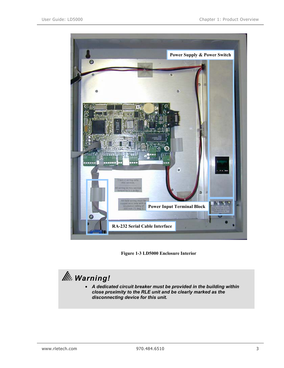 Figure 1-3 ld5000 enclosure interior, Warning | RLE LD5000 User Manual | Page 11 / 92