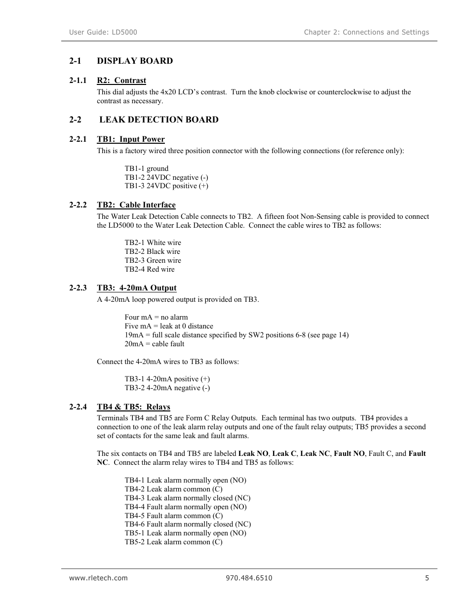 Display board, R2: contrast, Leak detection board | Tb1: input power, Tb2: cable interface, Tb3: 4-20ma output, Tb4 & tb5: relays | RLE LD5000 User Manual | Page 13 / 92