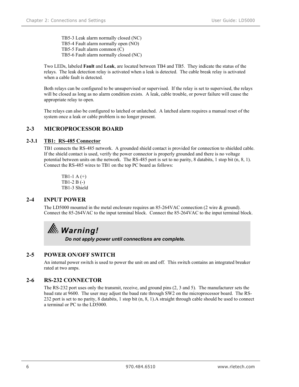 Microprocessor board, Tb1: rs-485 connector, Input power | Power on/off switch, Rs-232 connector, Warning | RLE LD5000 User Manual | Page 14 / 92
