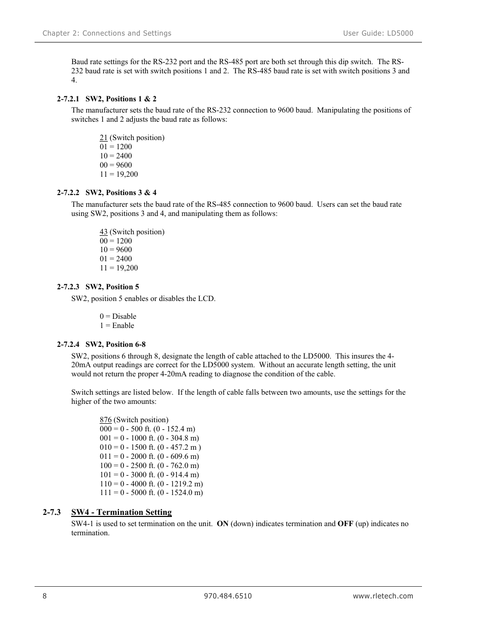 Sw2, positions 1 & 2, Sw2, positions 3 & 4, Sw2, position 5 | Sw2, position 6-8, Sw4 - termination setting | RLE LD5000 User Manual | Page 16 / 92