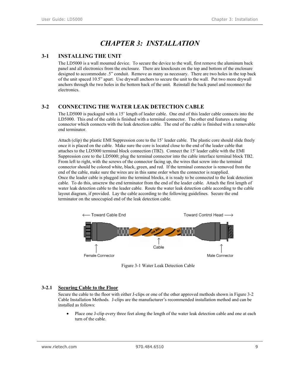 Installation, Installing the unit, Connecting the water leak detection cable | Securing cable to the floor, Chapter 3: installation | RLE LD5000 User Manual | Page 17 / 92