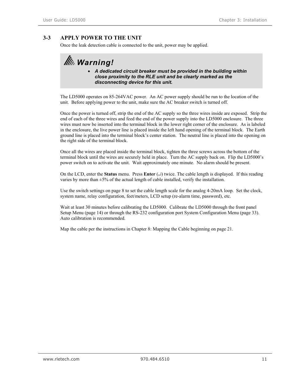 Apply power to the unit, Warning | RLE LD5000 User Manual | Page 19 / 92