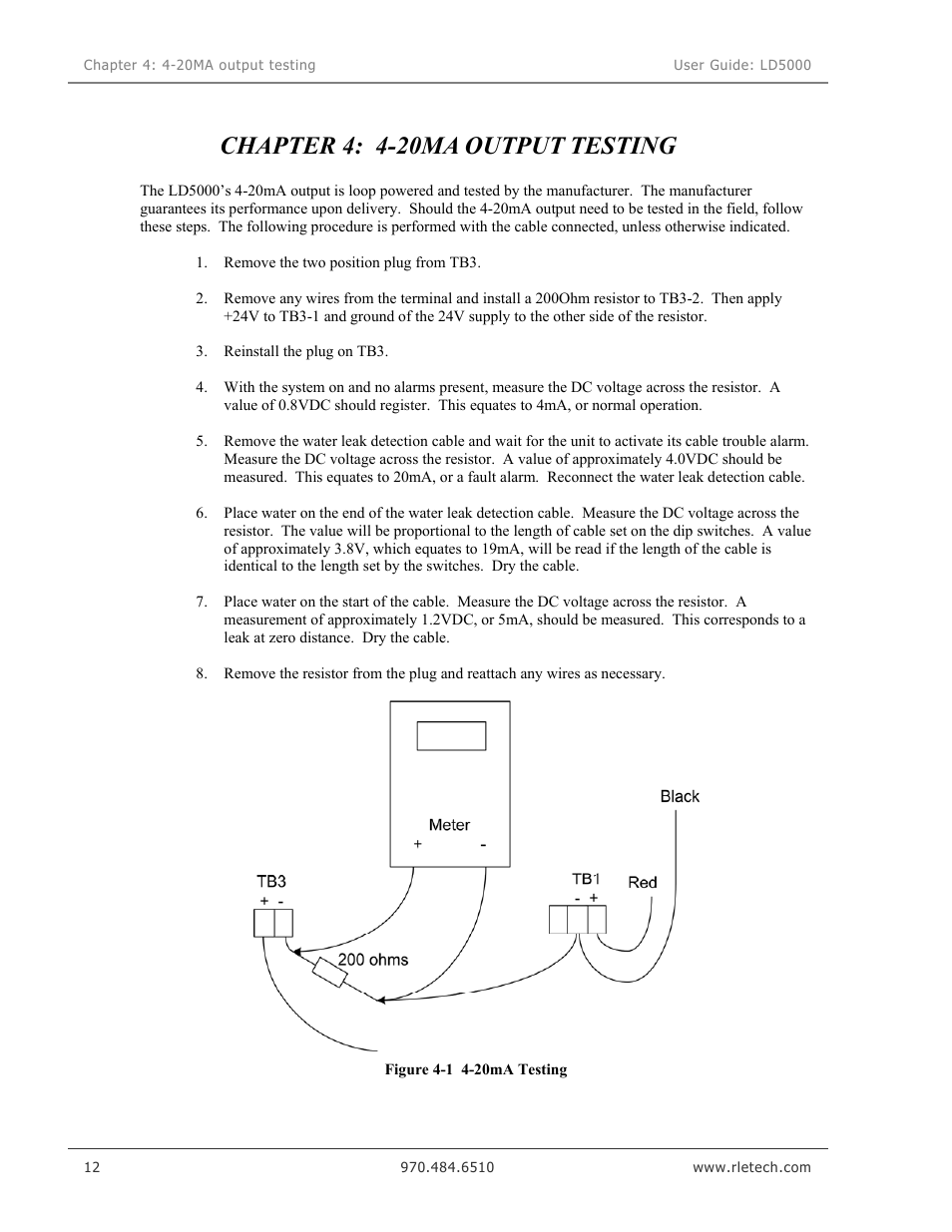 20ma output testing, Chapter 4: 4-20ma output testing, Figure 4-1 4-20ma testing | RLE LD5000 User Manual | Page 20 / 92