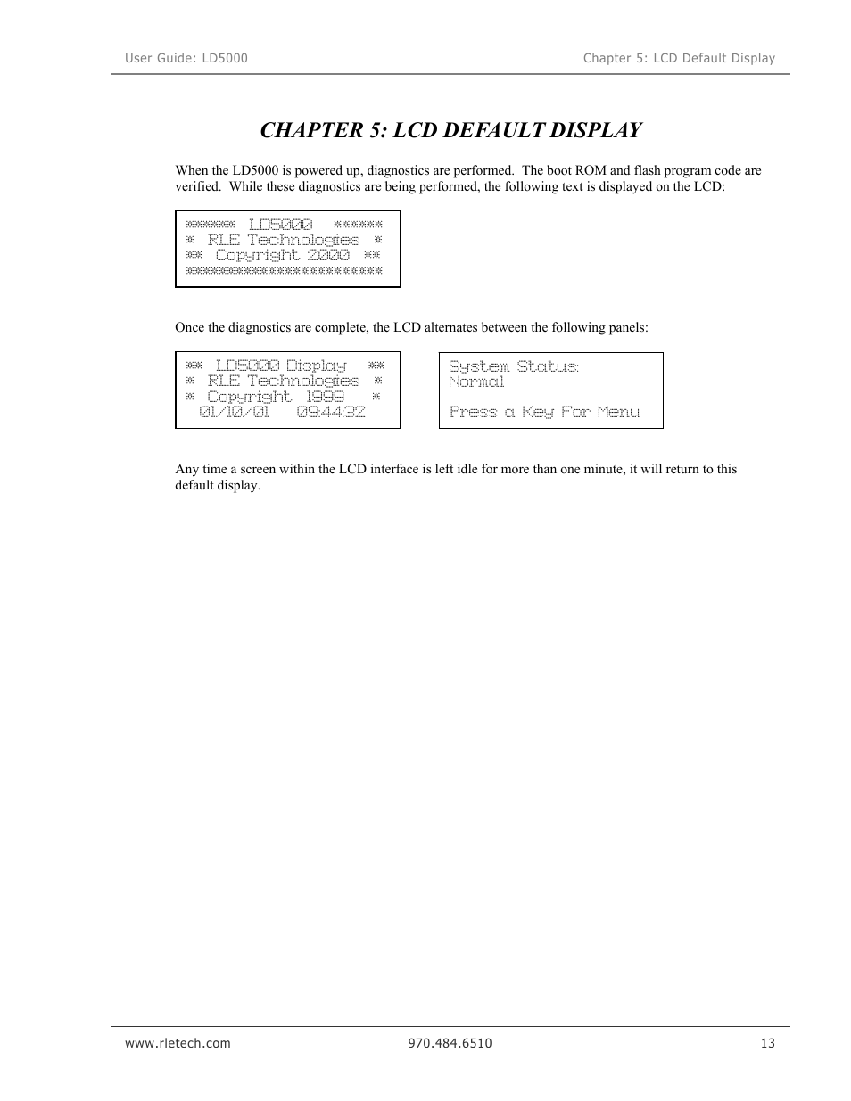 Lcd default display, Chapter 5: lcd default display | RLE LD5000 User Manual | Page 21 / 92