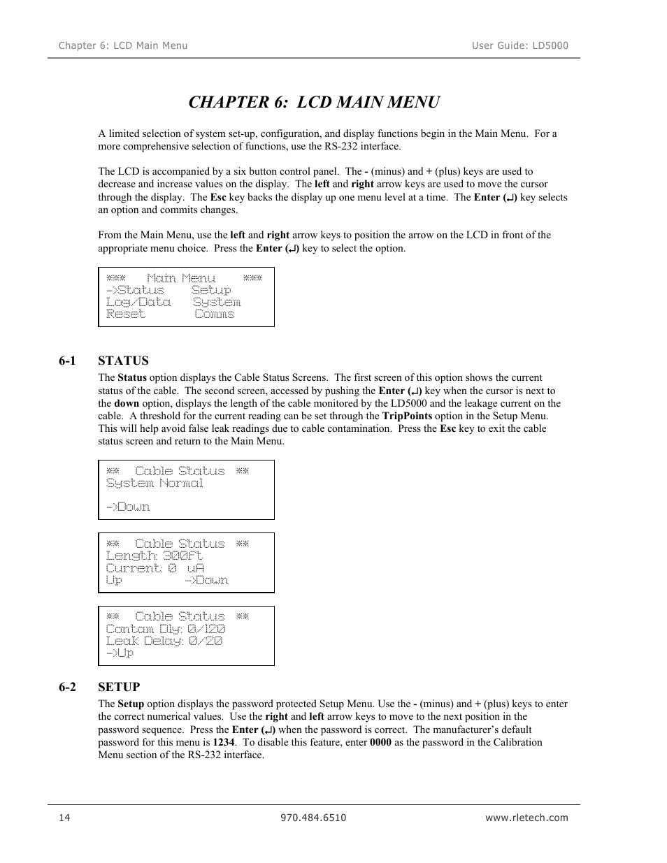 Lcd main menu, Status option, Setup menu | Chapter 6: lcd main menu | RLE LD5000 User Manual | Page 22 / 92