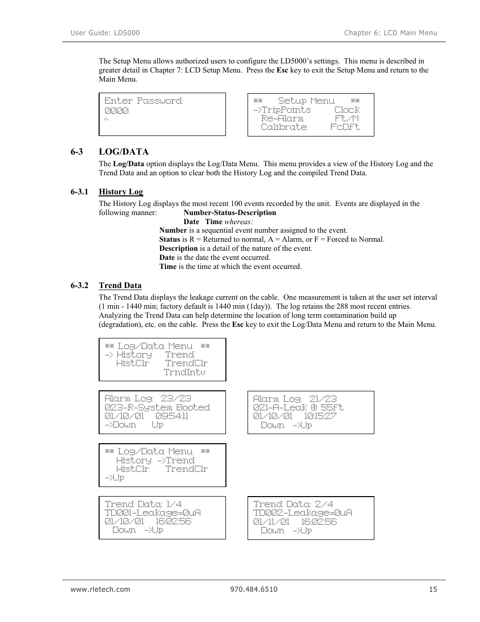 Log/data, History log, Trend data | RLE LD5000 User Manual | Page 23 / 92