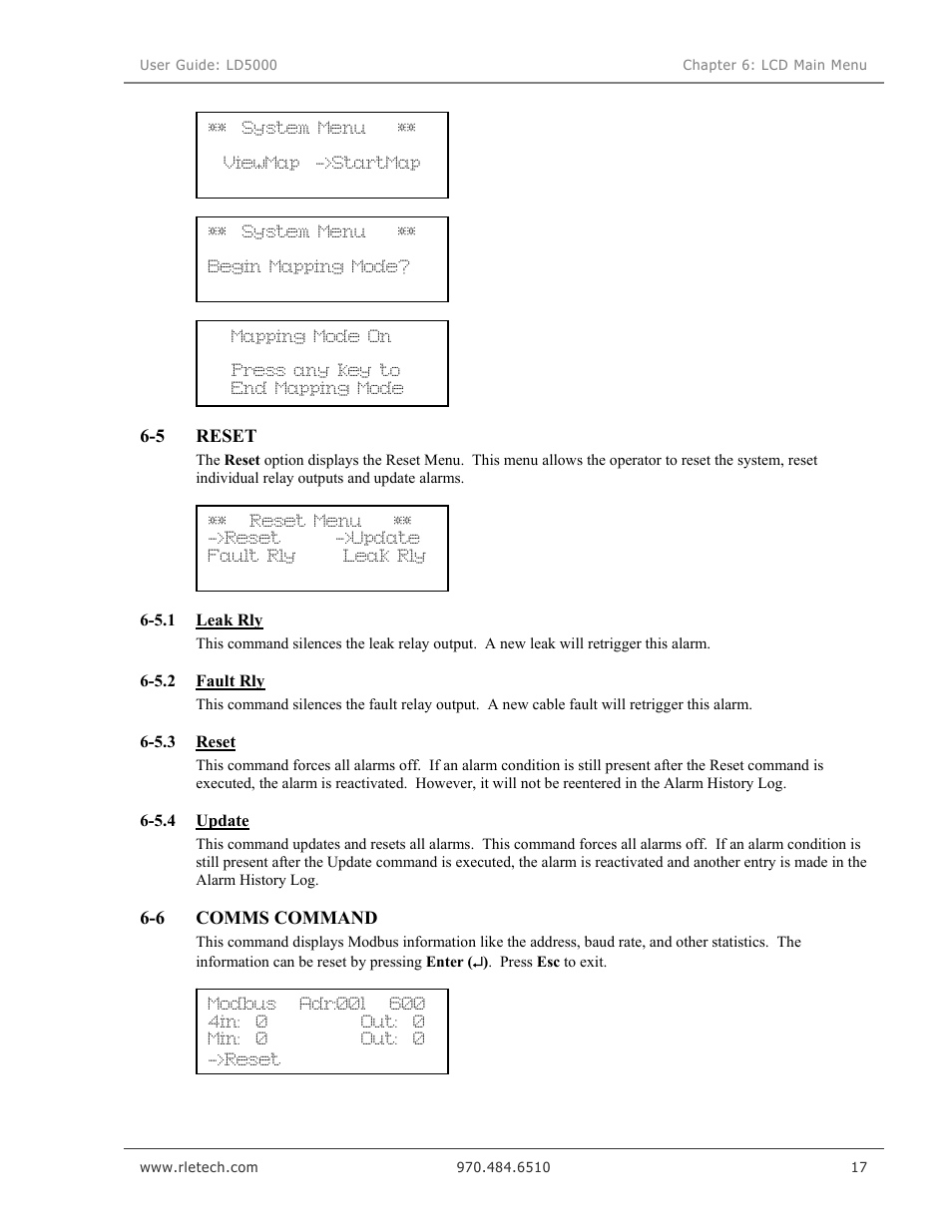 Reset menu, Leak rly, Fault rly | Reset, Update, Comms command | RLE LD5000 User Manual | Page 25 / 92